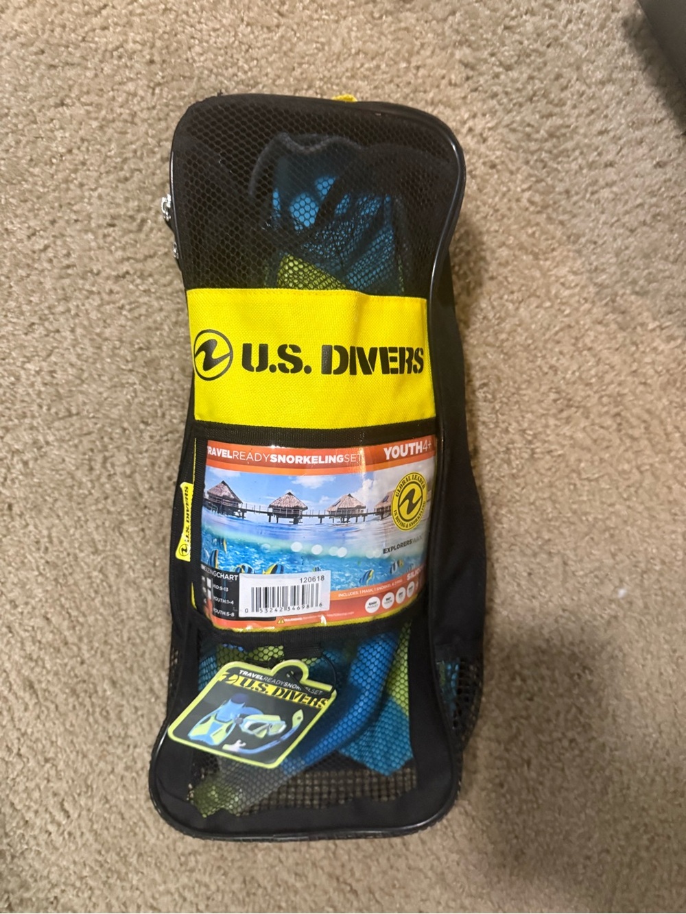 U.S. Divers Youth Snorkeling Set Mask Fins Snorkel Bag Blue Yellow